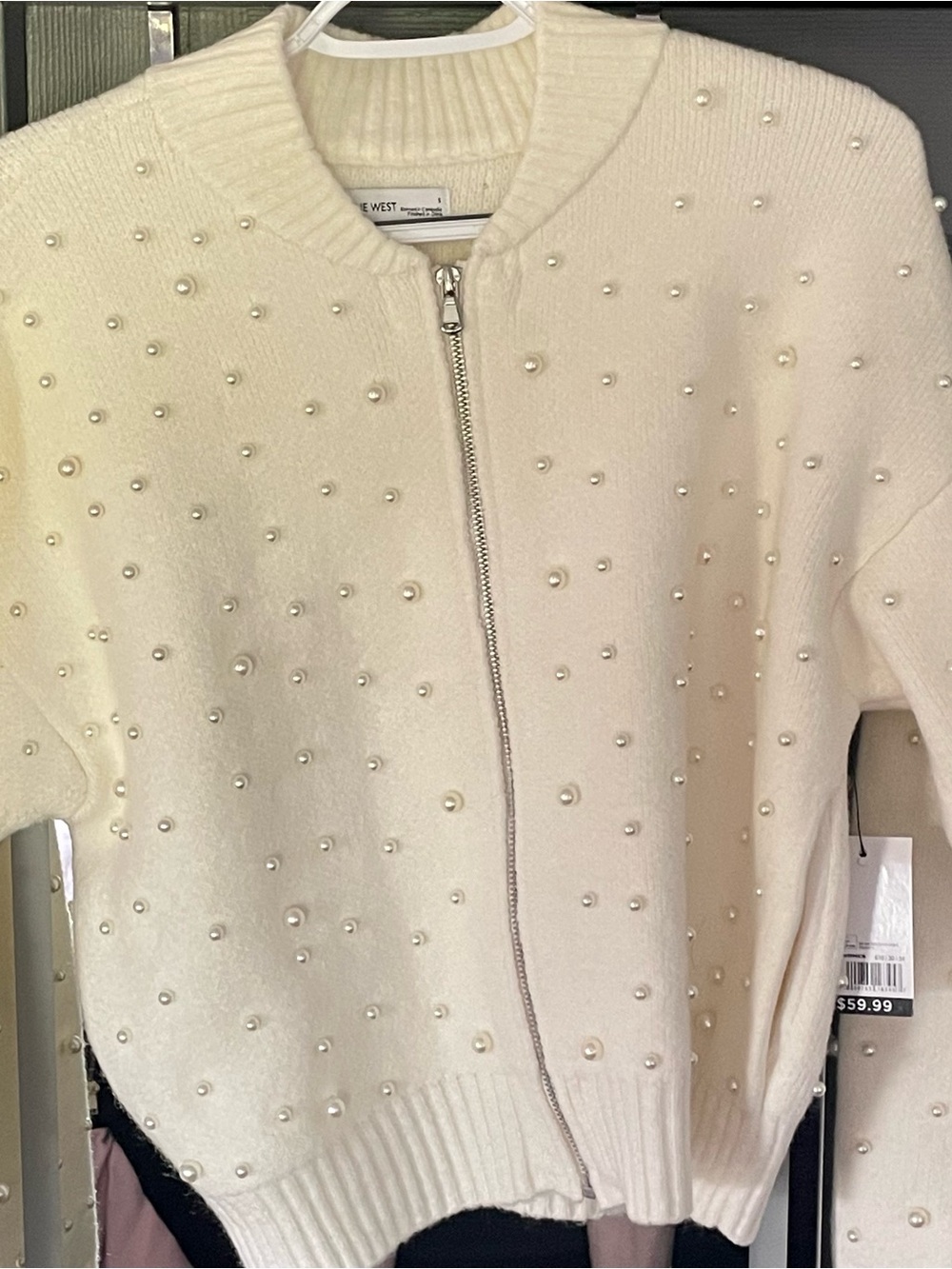 Nine West Cream Pearl-Embellished Zip Cardigan
